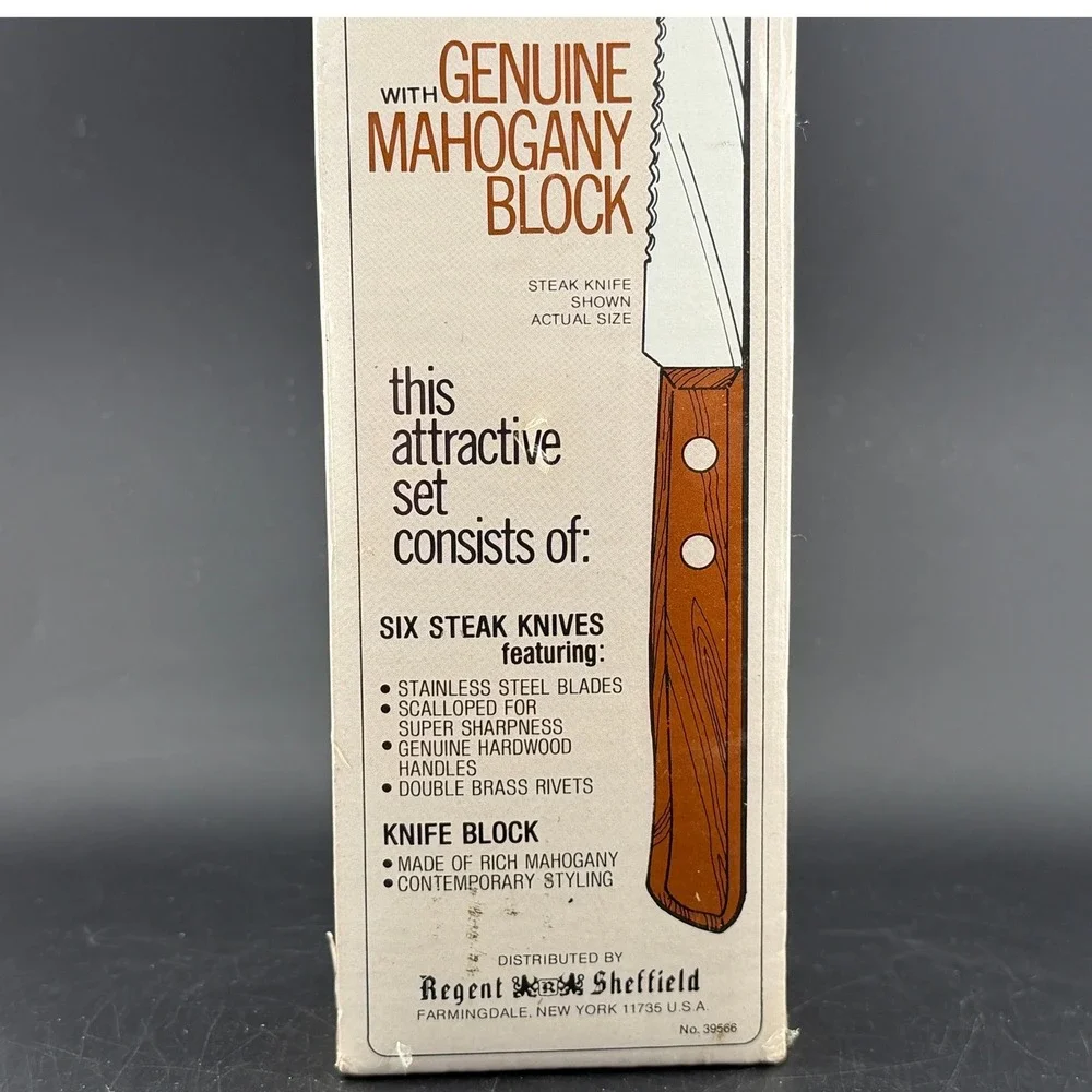 Vintage Regent Sheffield 6 Piece Steak Knife Set: Genuine Mahogany Block, NEW